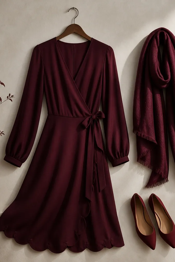 A burgundy wrap dress with a scalloped hem shown on a hanger; a matching shawl and dark red pointed flats are arranged beside it.
