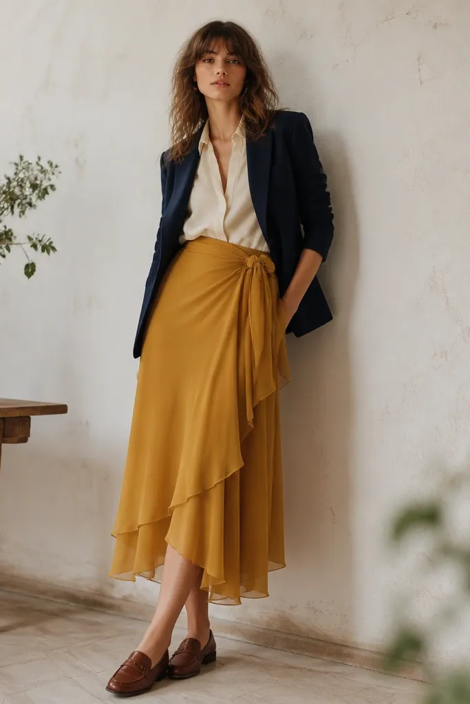 A mustard chiffon wrap skirt with layered panels paired with a navy blazer; the image shows a cream blouse and brown loafers.