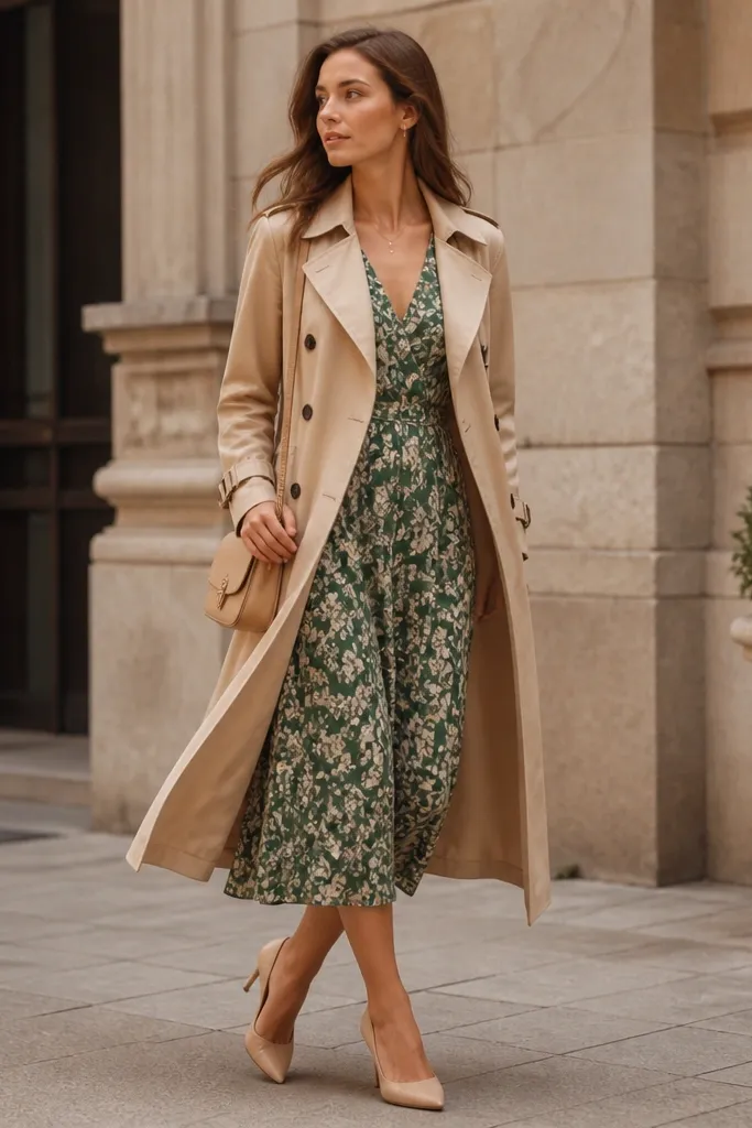 A light tan trench coat worn over a green floral midi dress; the image includes tan heels and a small crossbody bag.