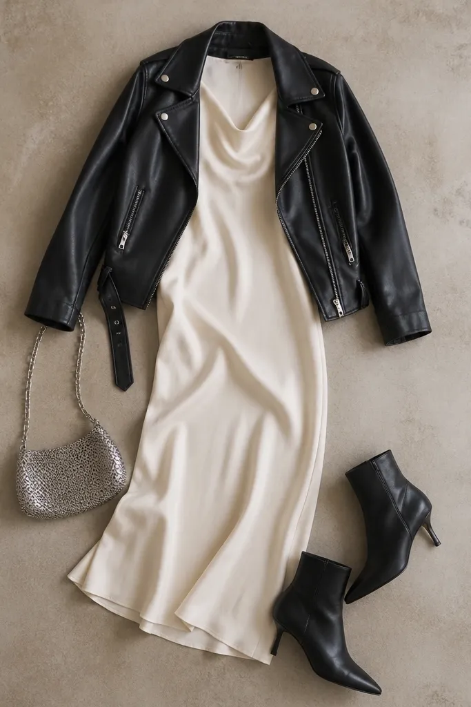 A black leather moto jacket draped over a cream midi dress; the image includes black ankle boots and a small silver chain bag.