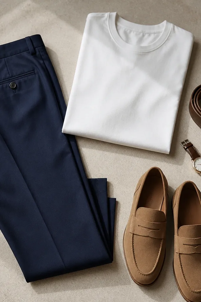 A men's outfit flat-lay: navy trousers, a plain white tee, and tan suede loafers; a brown belt and a watch are placed beside them.
