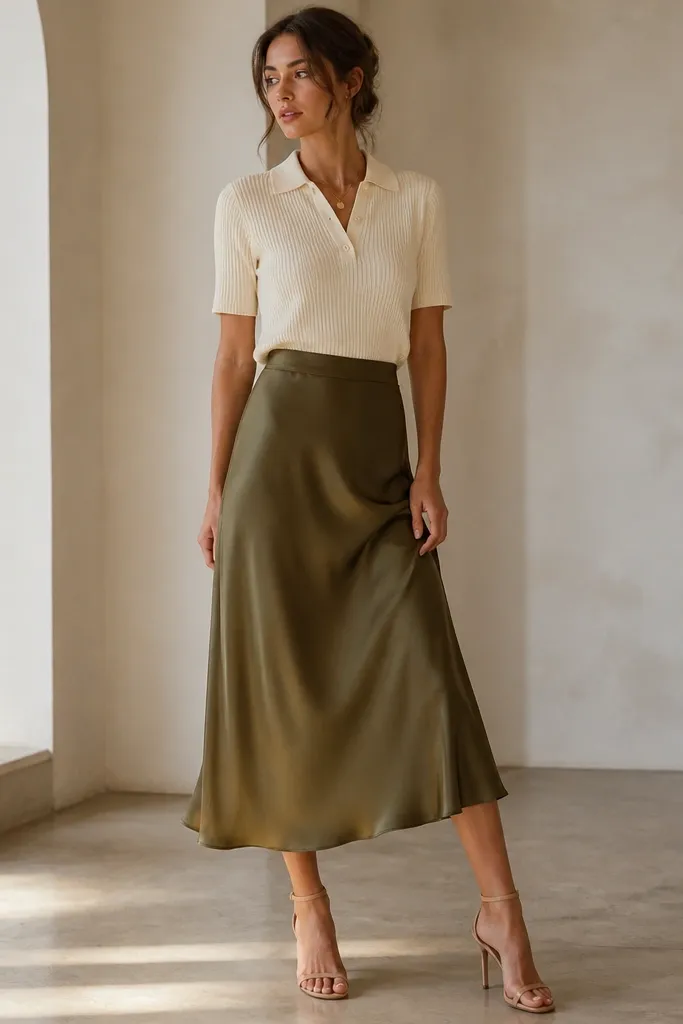 An olive satin midi skirt paired with a cream knit polo shirt; the photo shows tan heels and a small gold necklace.