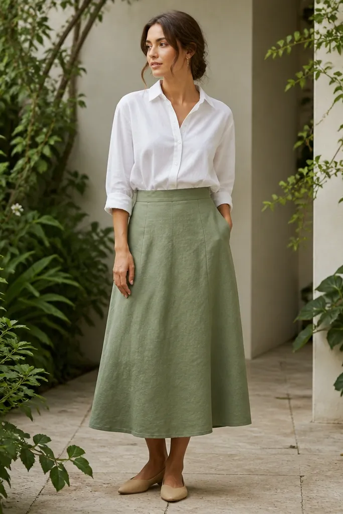 A woman wearing a sage green midi skirt with a subtle A-line shape and a white poplin button-up tucked in, paired with nude flats; greenery fills the frame and the fabric texture is visible.