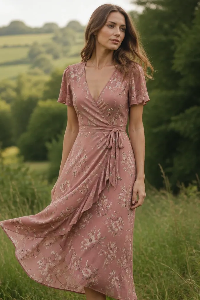 A woman in a dusty rose wrap dress with a muted floral print, V-neck, and a tie secured under the waist; the dress moves slightly in a breeze over grass.
