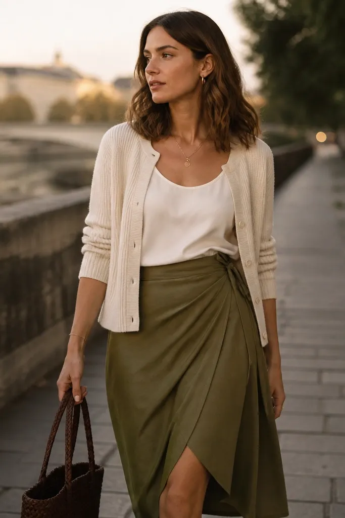 A woman wearing an olive wrap skirt with a cream cardigan over a simple top, photographed in soft evening light; the skirt has visible wrap layers.
