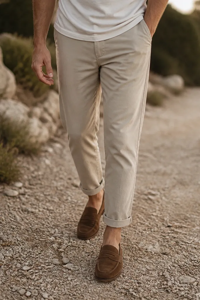 A man wearing cream t-shirt, cuffed trousers in light tan, and brown suede loafers, photographed from the waist down on a gravel path; the suede texture is clear.