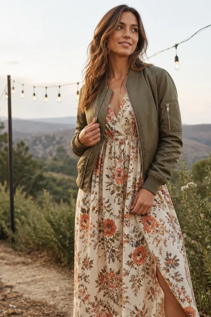 A woman wearing a floral maxi dress with a fitted olive bomber jacket, standing near a string light line; the jacket frames the dress and adds contrast.