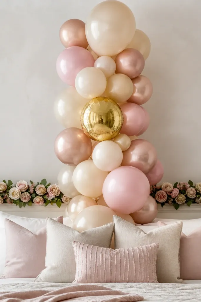A tall cluster of champagne and blush balloons with one gold-foil balloon in the center, placed vertically behind a bed; a narrow faux rose garland stripe runs horizontally behind the pillows.