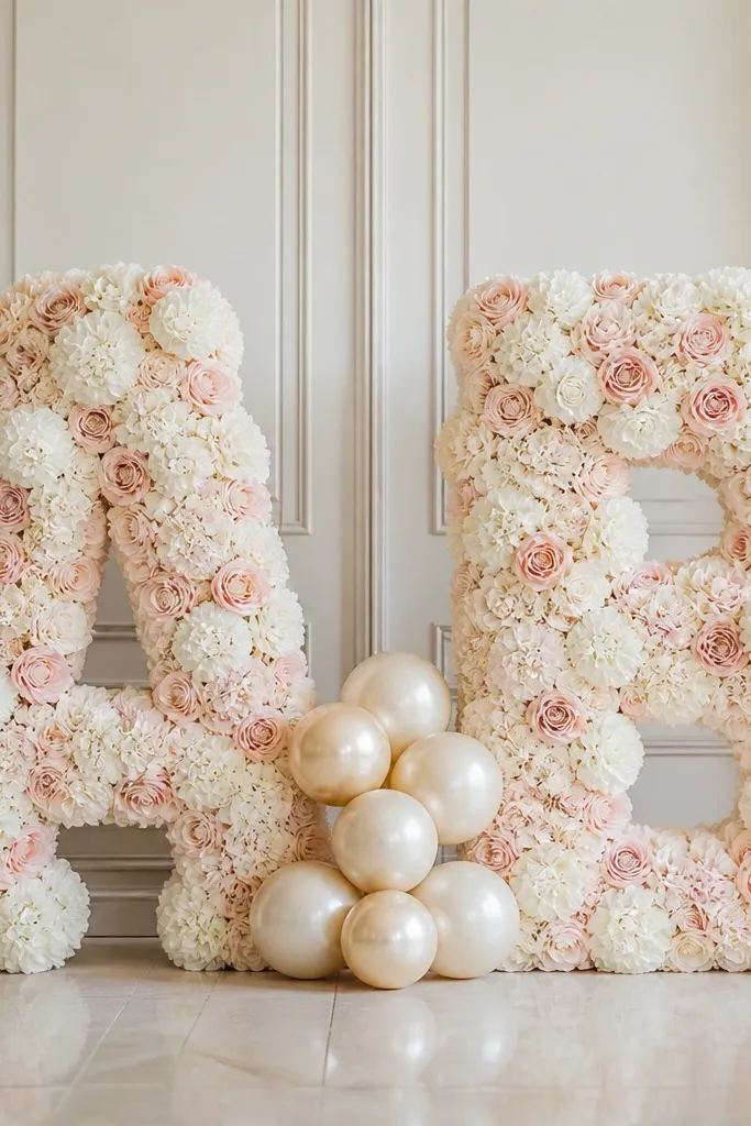 A large foam letter set covered in white and blush flowers, with a small cluster of champagne balloons at the bottom center.