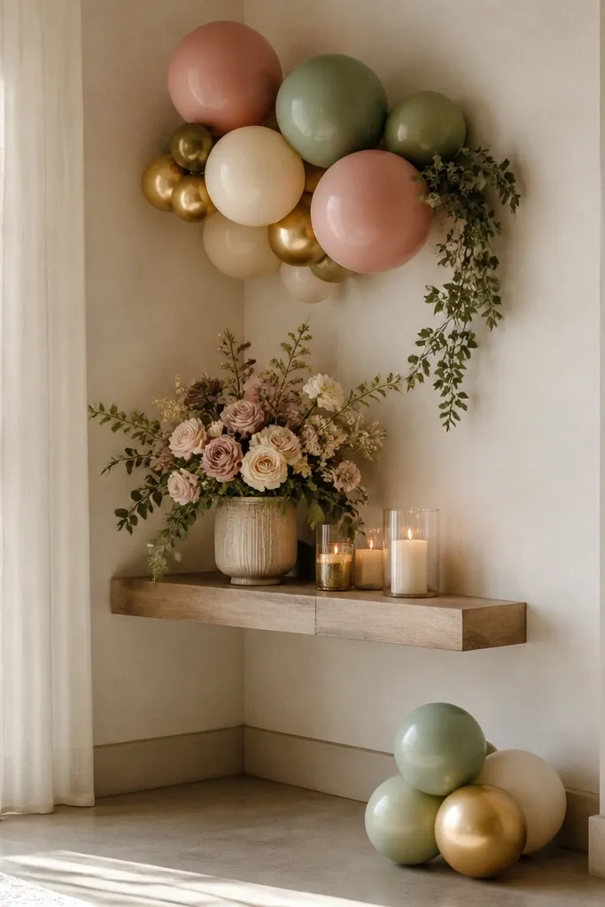 A corner setup: a small balloon cluster above a shelf with a floral arrangement and candles, plus a second mini balloon bunch on the floor.
