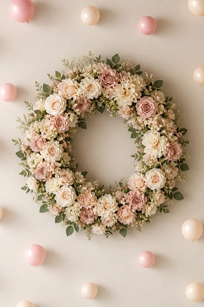 A circular floral wreath mounted on the wall with blush and cream faux flowers, surrounded by scattered small balloons like dots.