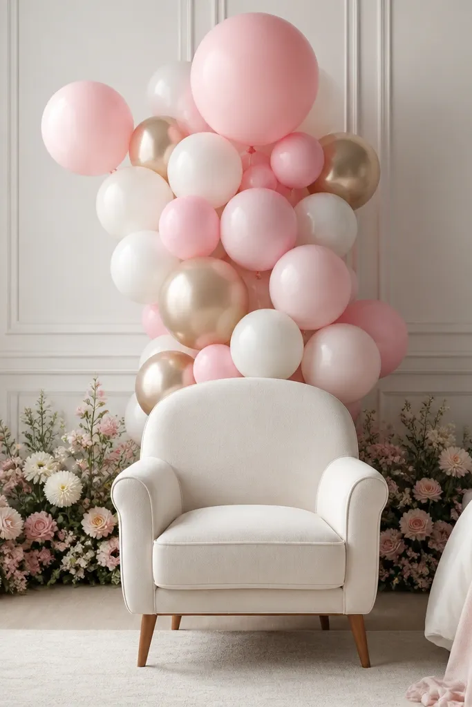 A large balloon cluster rising behind a chair or bed, with a low floral border made of faux flowers running along the floor line.