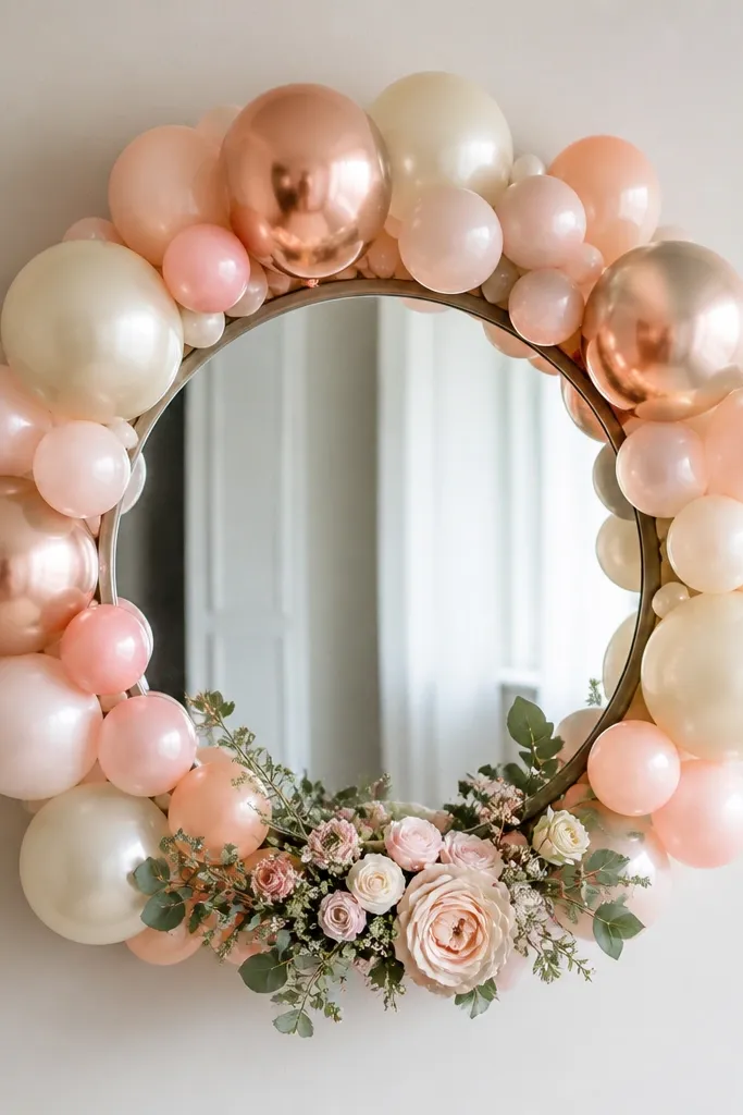 A ring of balloons around a round wall mirror, with a small floral spray arranged at the bottom of the mirror frame.