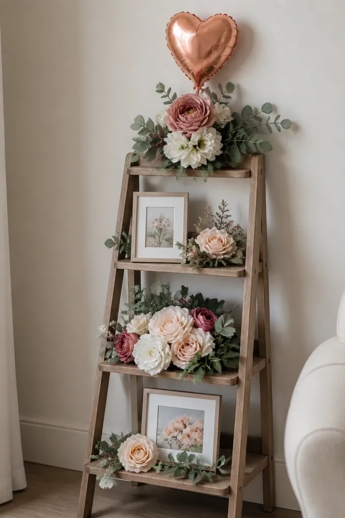A small shelf ladder decorated with stacked faux flowers and frames, with a tiny foil balloon at the very top.