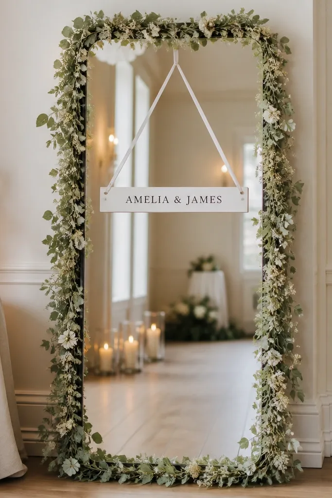 A rectangular floor mirror with a cream faux greenery garland wrapped along the outer edge. A narrow white sign strip hangs centered on the mirror at about chest height, with the couple's names in black vinyl. The reflection shows soft candlelight and a clean, uncluttered center.