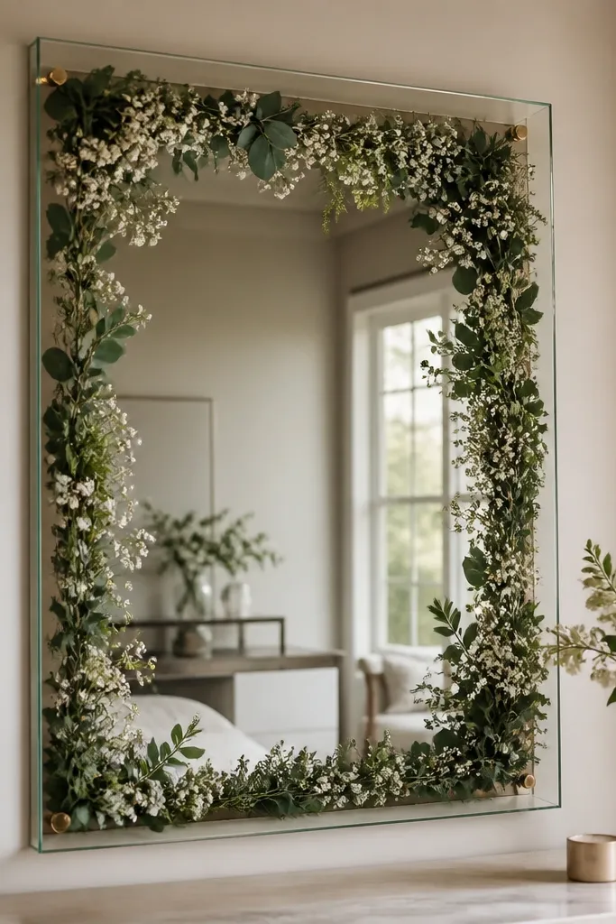 A large mirror with a sheet of clear acrylic placed a few inches behind it. Faux greenery and small white flowers are arranged around the edges, framing the acrylic panel like a window. The center reflection shows depth and clean edges.