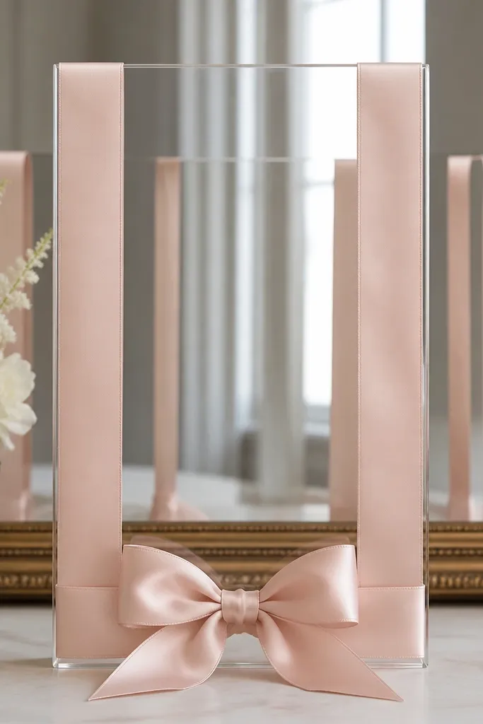 A clear acrylic sign centered in front of a mirror. Thick satin ribbon frames the sign vertically, and the mirror reflection repeats the ribbon on both sides. The ribbon is blush with crisp edges and a bow at the bottom.
