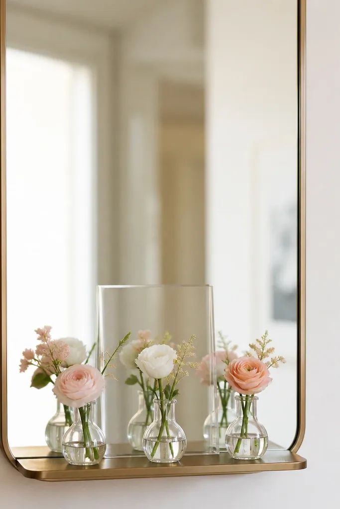 A tall mirror with a slim shelf attached near the bottom. On the shelf sit three mini bud vases in clear glass with blush and white flowers. A clear acrylic sign stands behind the vases, centered. The mirror reflection shows the vases and sign aligned.