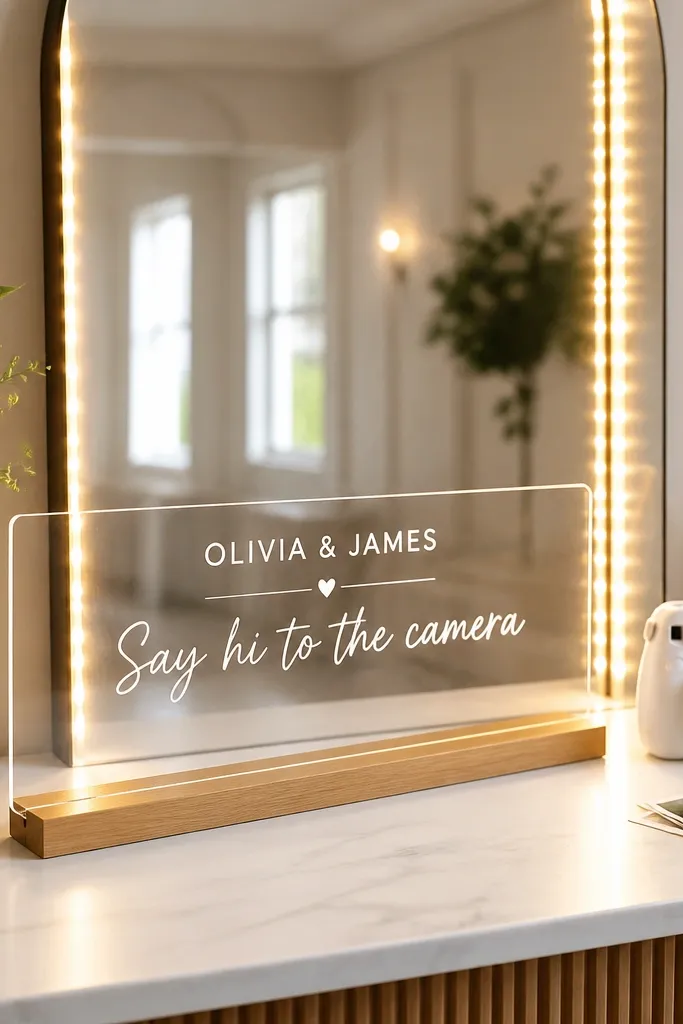 A long clear acrylic strip mounted on a stand with a couple's name and a short prompt like "Say hi to the camera." The mirror behind has small warm LED lights along the sides, creating clean vertical glow. The photo corner looks organized and bright.