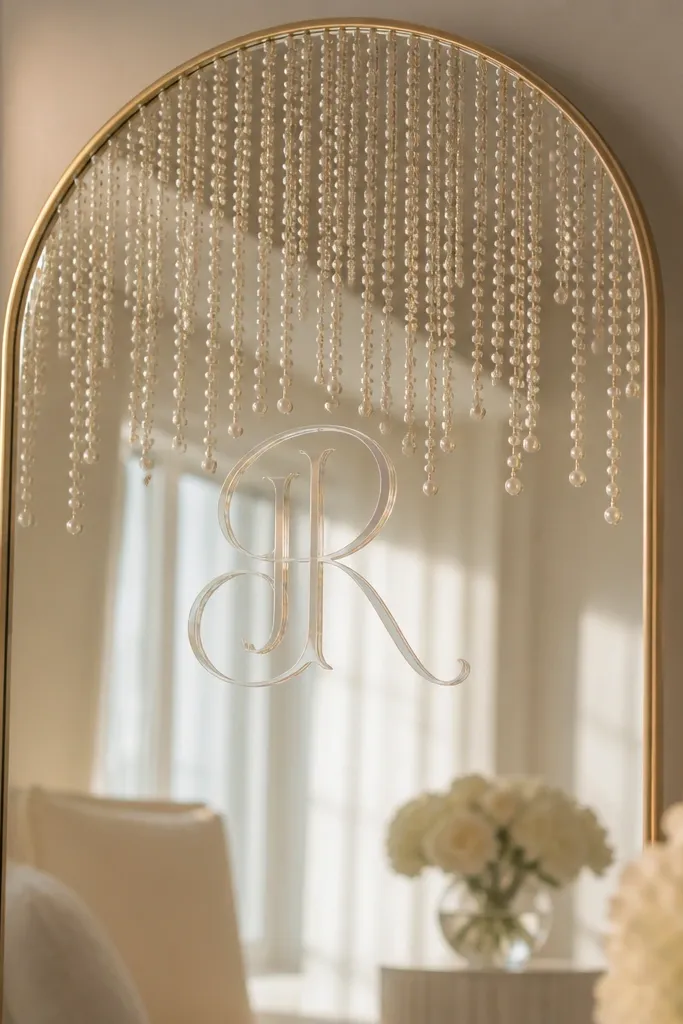 A mirror with an acrylic monogram centered in the reflection. From the top of the mirror frame, a pearl string waterfall drapes down in a straight line. The mirror looks soft and luminous, with pearl strands catching warm light.