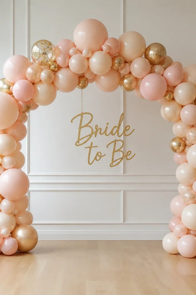A freestanding balloon arch in dusty blush and champagne with a subtle gold balloon mix. A gold "Bride to Be" sign hangs centered at chest height. The arch has dense clusters at the top and lighter spacing near the bottom. The floor shows a clean base with no visible tape.
