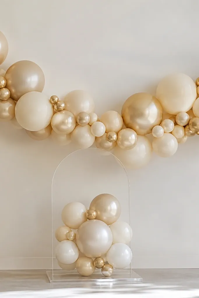 A long balloon garland in champagne, cream, and tiny gold accents strung across a plain wall. A clear acrylic bride-to-be sign sits in front, with balloon clusters tucked behind it. The garland has a gentle wave, not a straight line.