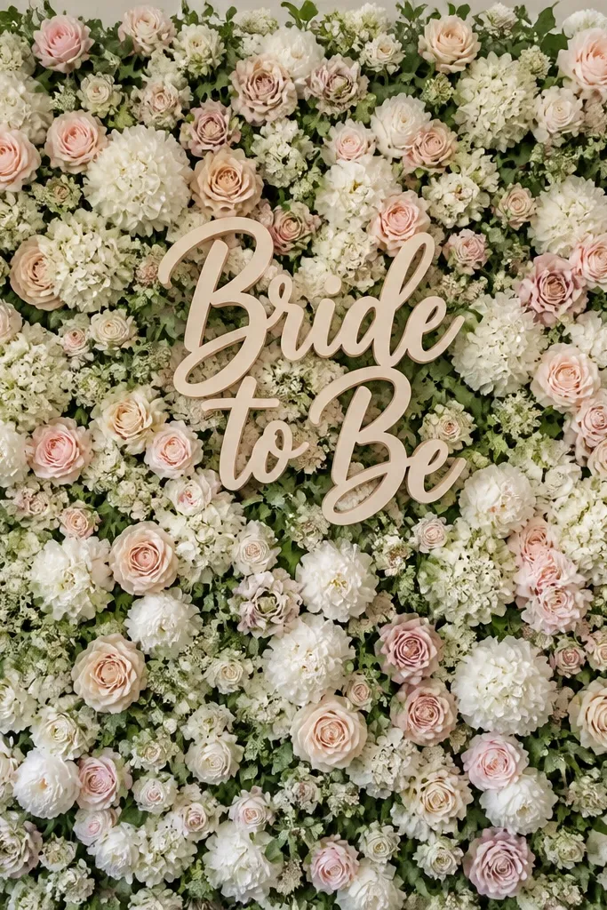 A full floral wall panel with dense white and blush flowers and green leaves, mounted on a grid. A centered cutout sign reads "Bride to Be" in a script style. The background is mostly filled with flowers, no bare grid visible.