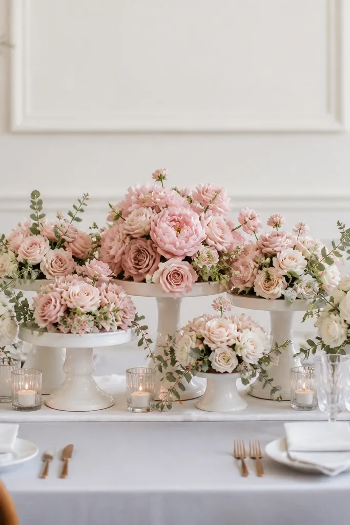 A centerpiece arrangement on a long table: cake stands stacked at different heights with white and blush flowers and greenery on top. The arrangement has a gradient from deeper blush at the center to lighter white at the edges.