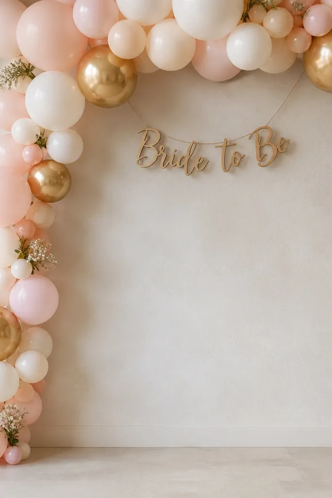 Balloons trail from above down to a wall where a hanging "Bride to Be" sign sits. The balloons are arranged in a vertical line with a few larger gold accents. The background is a neutral wall with a clear photo space below.