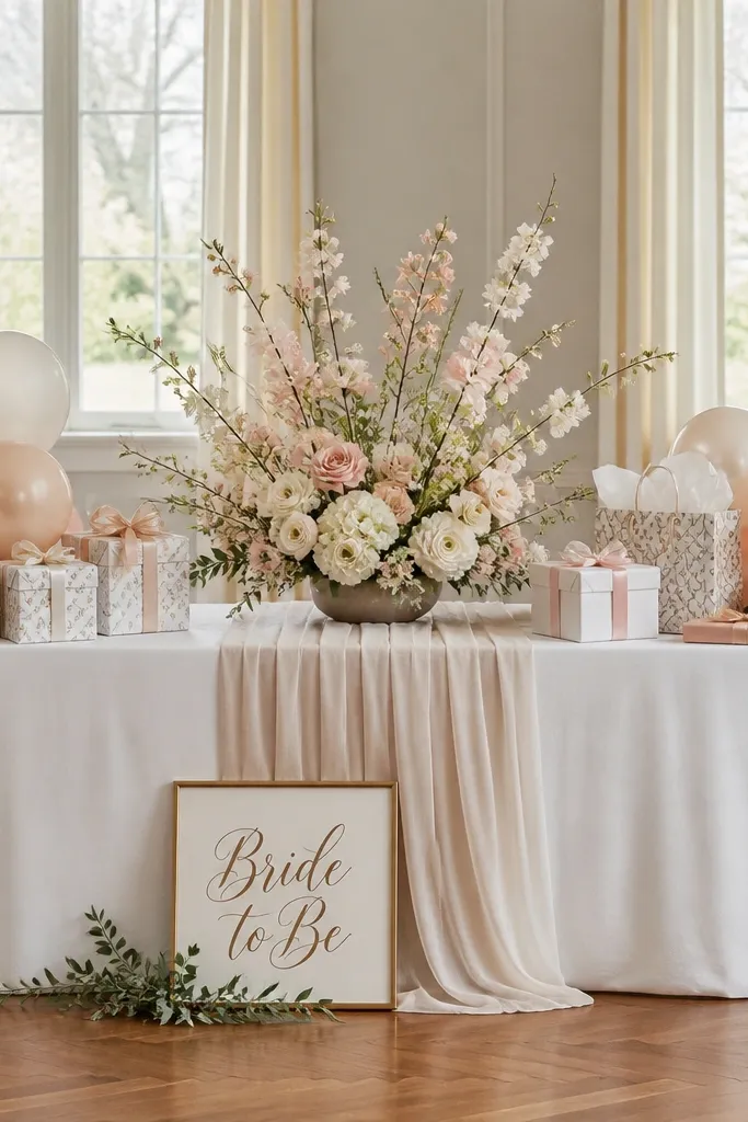 A gift table styled with a long runner. Faux floral stems spill upward from a low arrangement at center, while balloon clusters sit on both sides at table height. A sign at the front reads "Bride to Be".