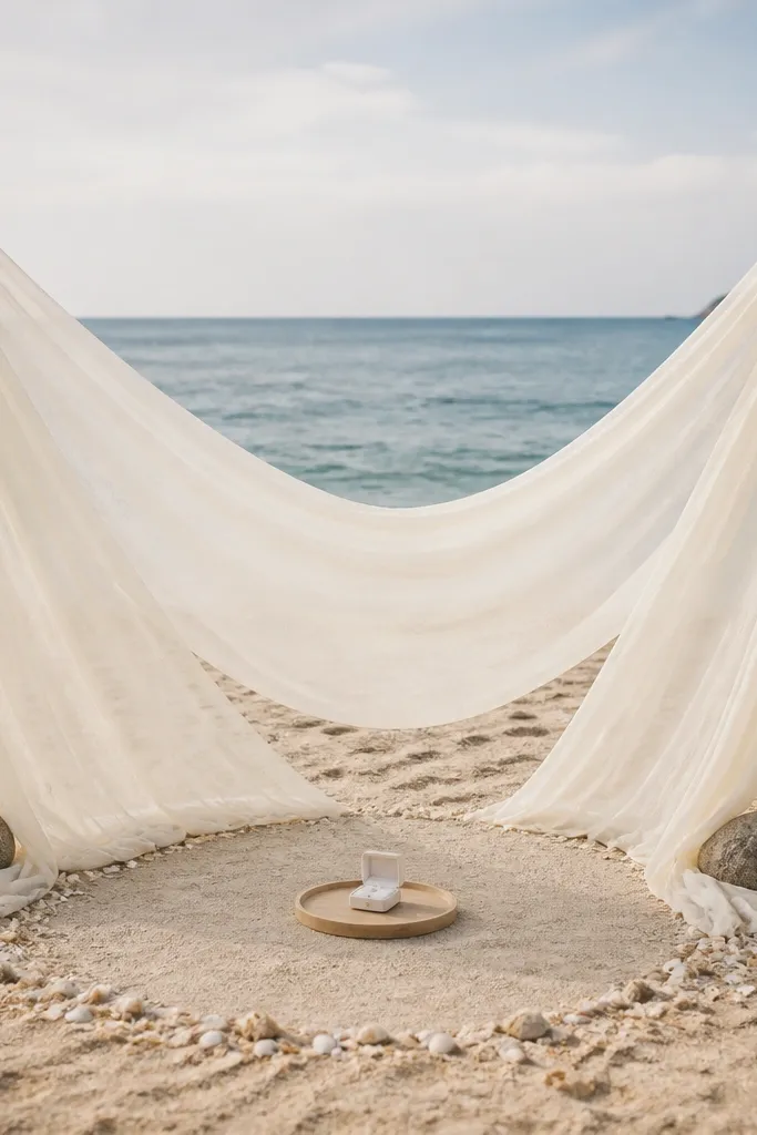 A beach setup with a pale ivory chiffon sheet stretched in an arc around a small flat area. Two corners are anchored low with visible weights, and a light wood tray holds a white ring box at the center. The background shows open sand and calm ocean, with the drape framing the kneeling spot.