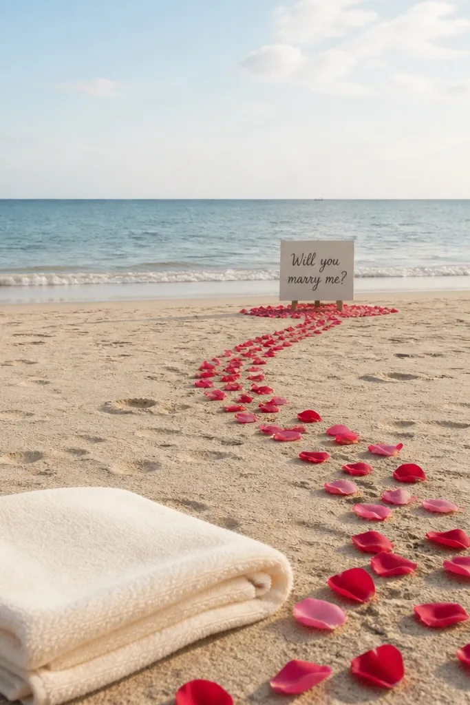 On a beach, a folded cream towel sits near the camera with a narrow line of rose petals leading toward a kneeling spot. The petals form a gentle curve rather than a straight line. A small handwritten sign stands at the end of the path, and the ocean horizon stays clear behind.