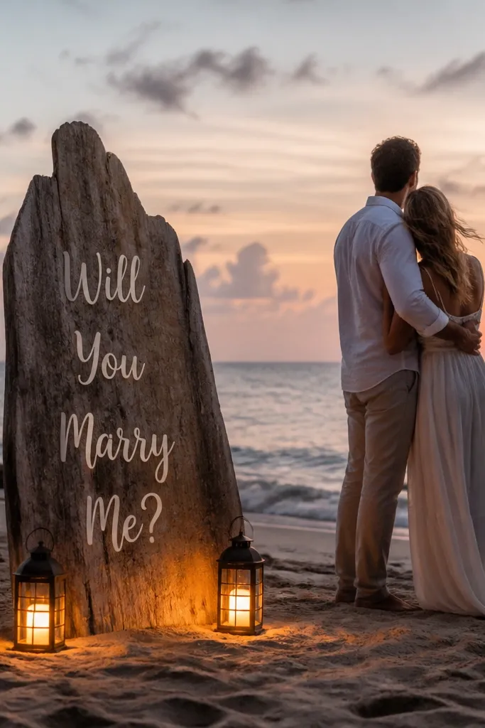 A beach scene with a natural driftwood board propped upright, holding a simple message. Two small battery lanterns sit on the sand near the base, casting warm light. The couple stands slightly off to the side, and the ocean horizon is visible.