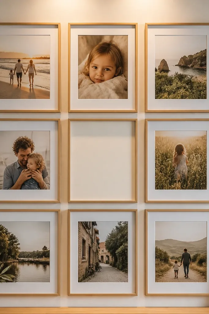 A home photo wall with several framed photos arranged in a grid. One frame in the center is blank, and a sign leans next to it. Warm overhead light makes the frames glow slightly, and the wall is clean and straight.