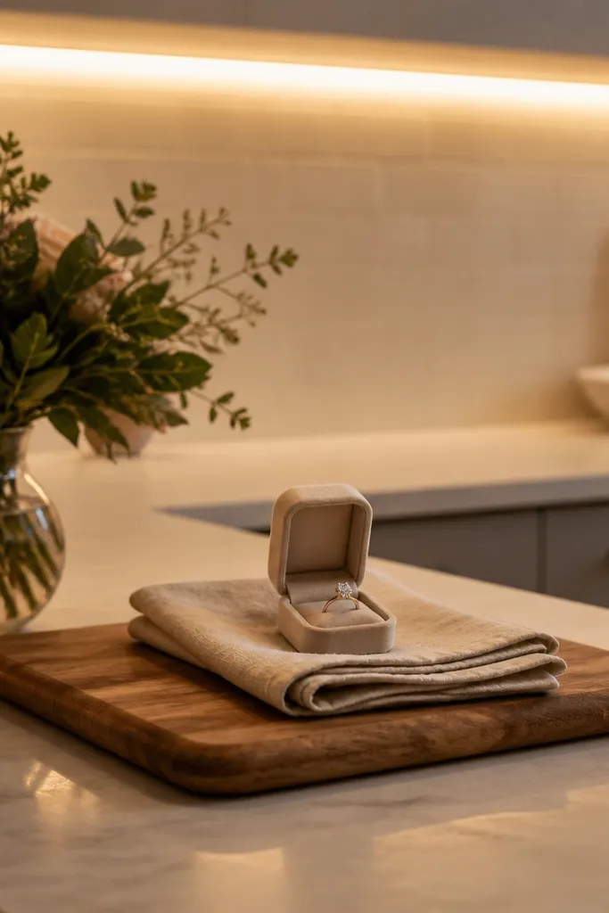 A home kitchen counter styled for a proposal. A folded linen napkin sits on a wooden cutting board, and the ring box rests on top. Warm under-cabinet lighting glows, and the background backsplash is simple and uncluttered.