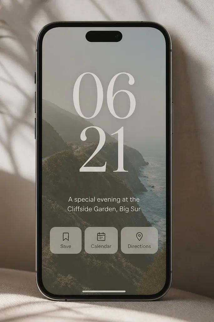 A phone screen showing a simple landing page. At the top there is a large date, below it a short sentence with event location, and a row of buttons labeled Save, Calendar, and Directions. A hero image sits behind the date in a soft overlay.