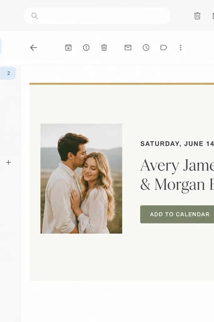 A desktop email layout screenshot. On the left is a small thumbnail photo of the couple. The email shows a bold date line and names, then a single button that says Add to Calendar. The background is light with a thin color accent line.