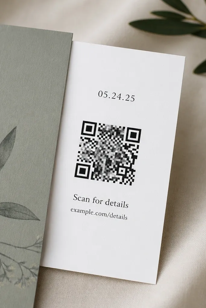 A small white insert card tucked behind a larger printed card. The insert has the date and a bold QR code centered. Under the QR code, there are two lines: "Scan for details" and a short URL in small text.