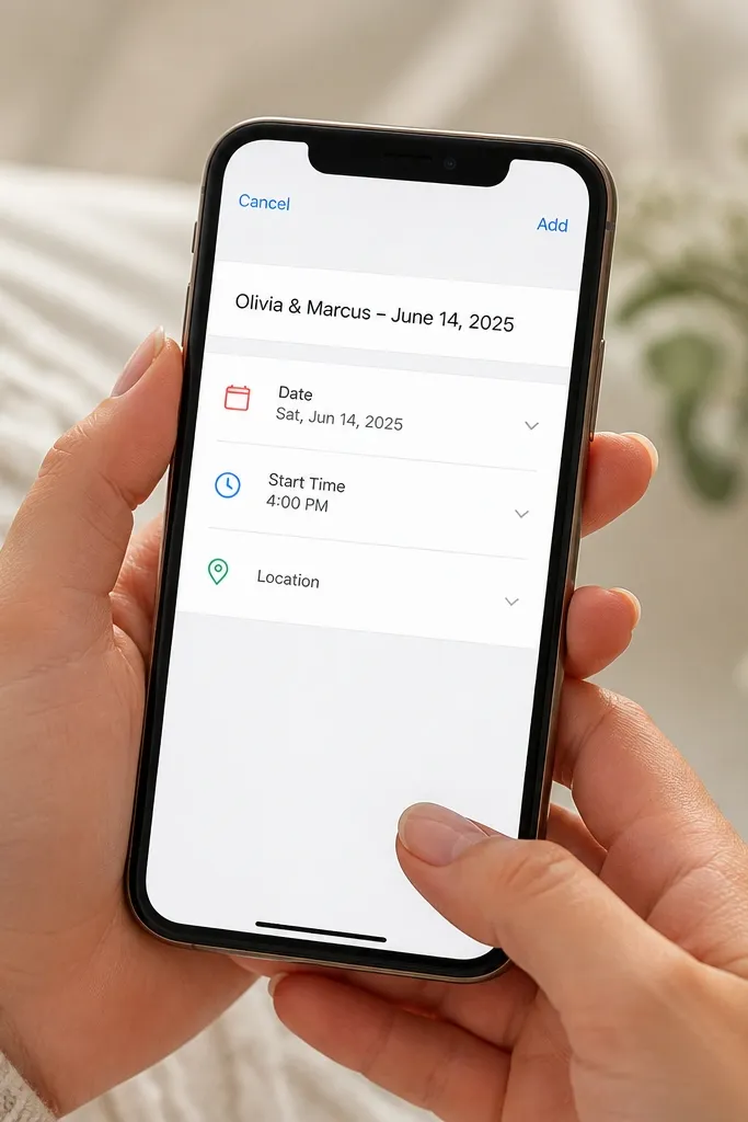 A smartphone screen showing a calendar prompt after tapping a link. The prompt displays event title, date, start time, and location fields. The event title reads the couple's names and the date.