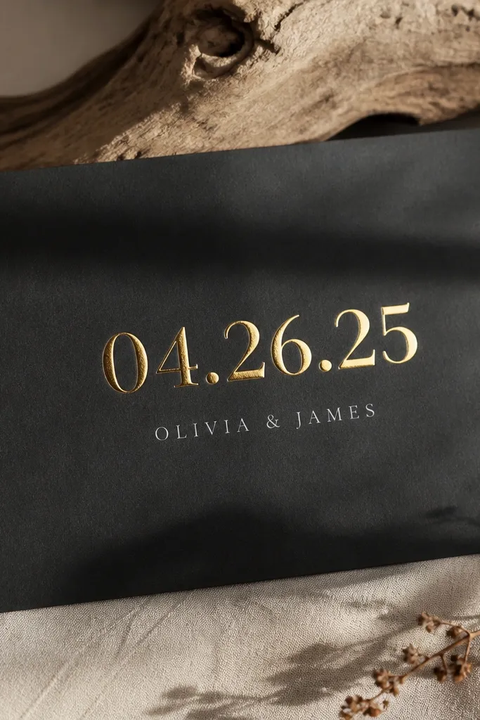 A deep charcoal postcard with a foil-stamped gold date in the center. The names are in small off-white text below. The foil catches light with a bright metallic shine while the rest stays matte.