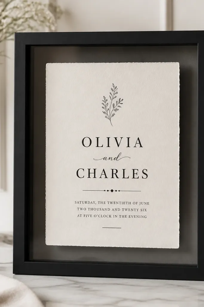 A black shadow box frame with clear front panel, the invitation centered with a small floating gap. The invitation has high-contrast typography, and the depth creates a soft shadow around the edges.