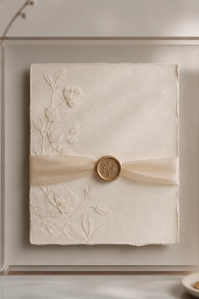 A clear-front shadow box with minimal frame presence. The invitation appears to float, and the edges show a gentle shadow line, not a harsh gap.
