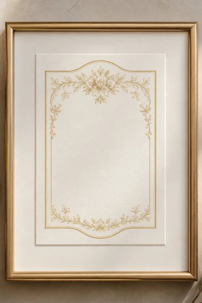 A champagne-gold classic card frame with glass front, the invitation centered on a light mat. The gold tone matches warm ink colors, and the border looks crisp.