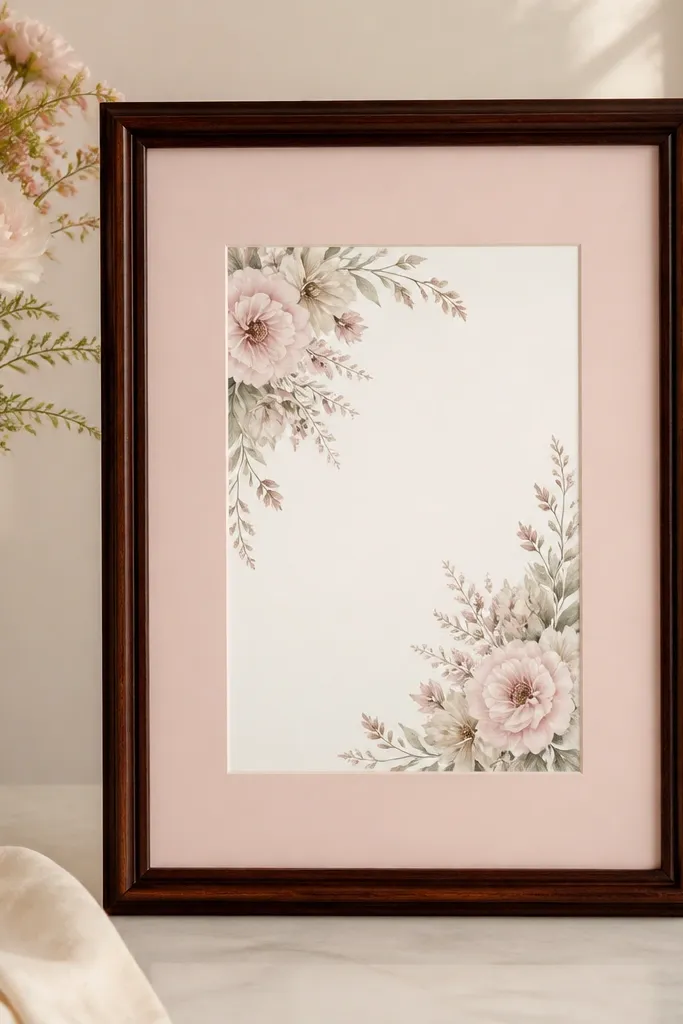 A rosewood-colored classic frame with a blush-pink mat board and the wedding invitation centered behind glass. The blush mat matches the wedding stationery palette softly.