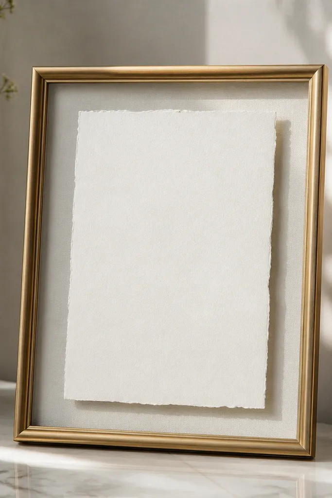 A classic frame arrangement where the invitation sits slightly away from the glass using a clear spacer. The card shows a gentle edge shadow instead of being flush.