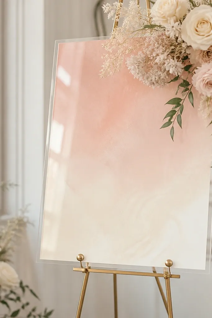An acrylic welcome sign with a blush-to-cream gradient behind the lettering. The sign looks airy and romantic with soft color transitions.