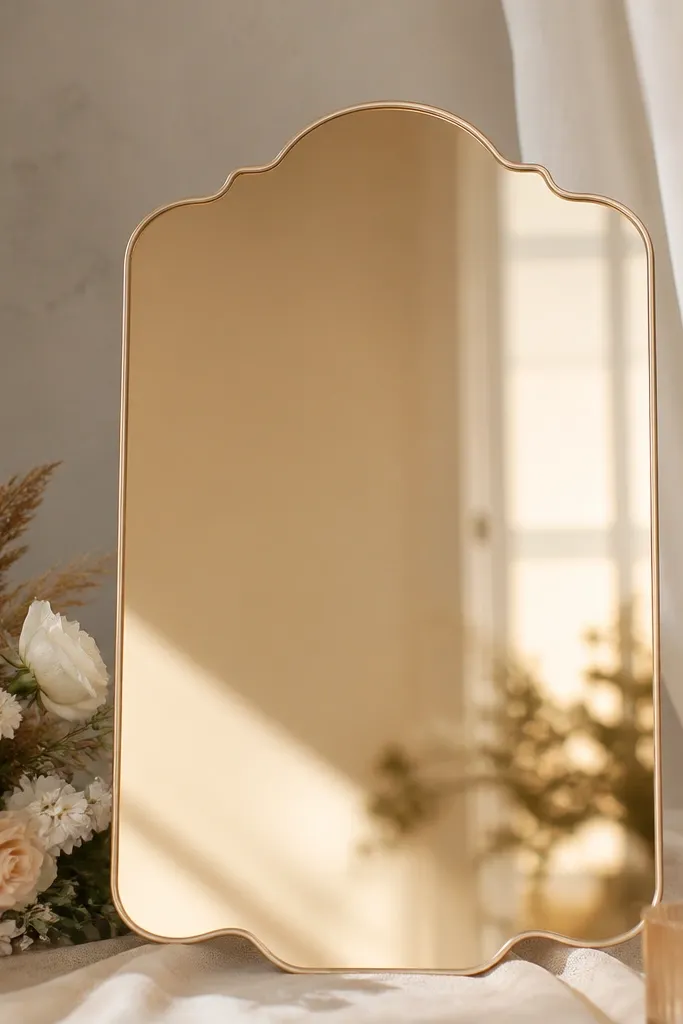 A champagne-toned mirror welcome sign with elegant lettering. It has warm reflective highlights and sits on a soft neutral backing.