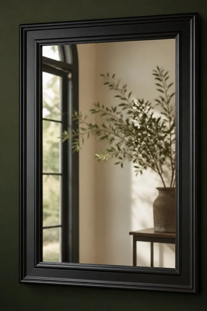 A mirror welcome sign with a black border frame on a deep green or black background. The frame edges are crisp and the mirror looks controlled.