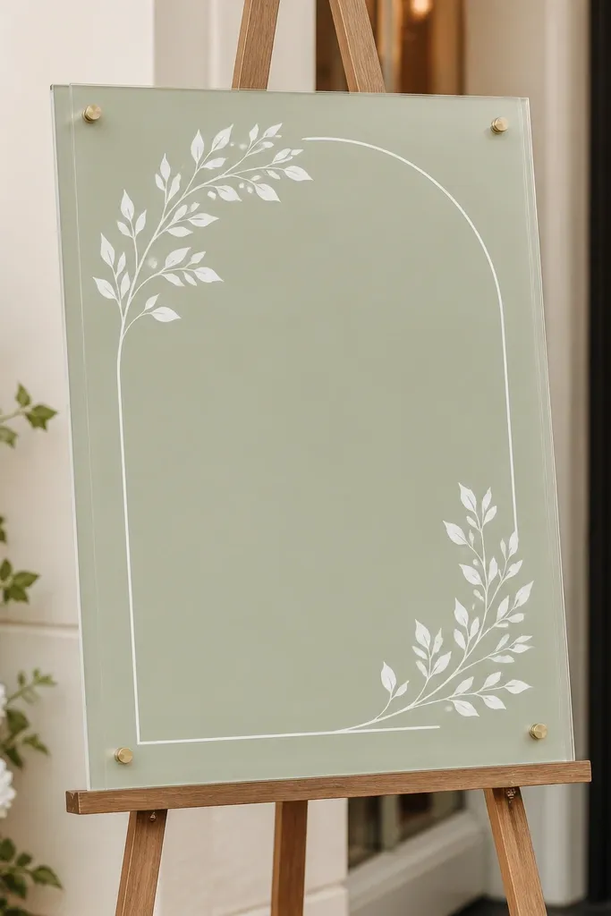 An acrylic welcome sign on sage green backing. The lettering appears clean and contrasts nicely with the soft green background.