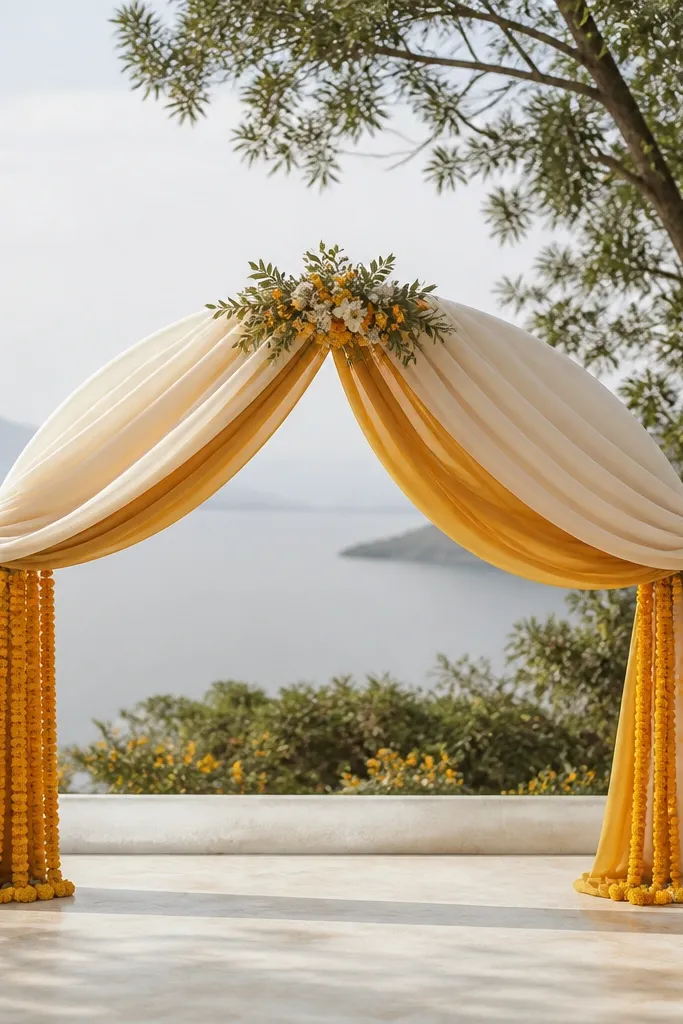 A low fabric arch made of two layers: cream chiffon draped in soft arcs and a mustard dupatta layered underneath; marigold garlands hang like fringe at the base, with a small floral cluster at the top.